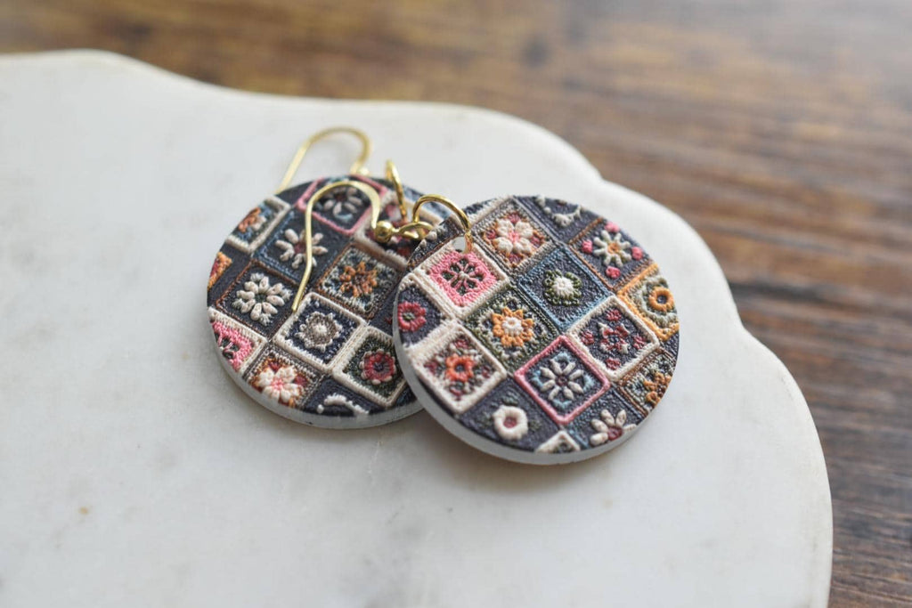 Embroidered Quilt Circle Earrings Vintage Folk