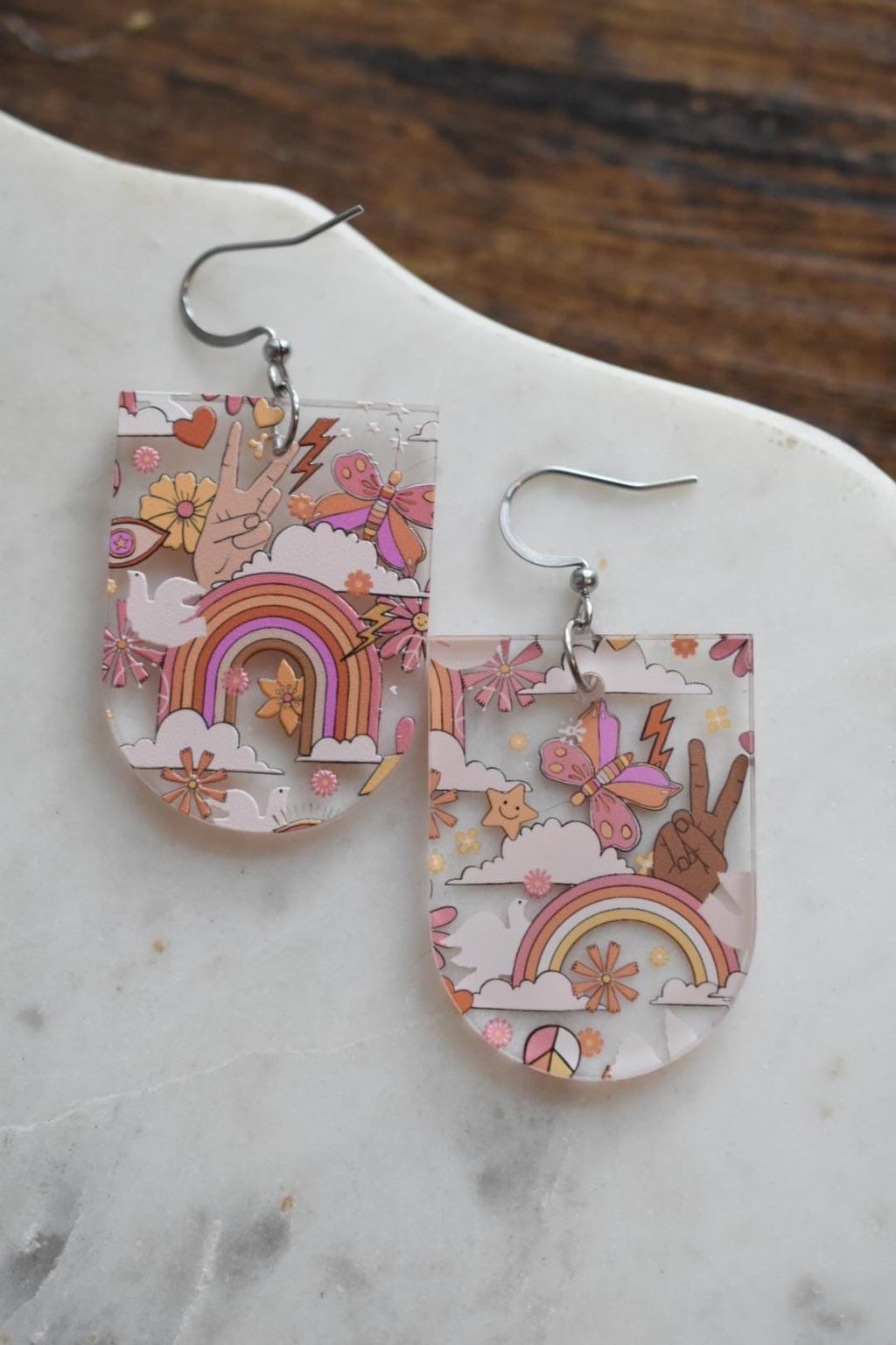 Retro 70s Peace Sign Earrings Rainbow Boho
