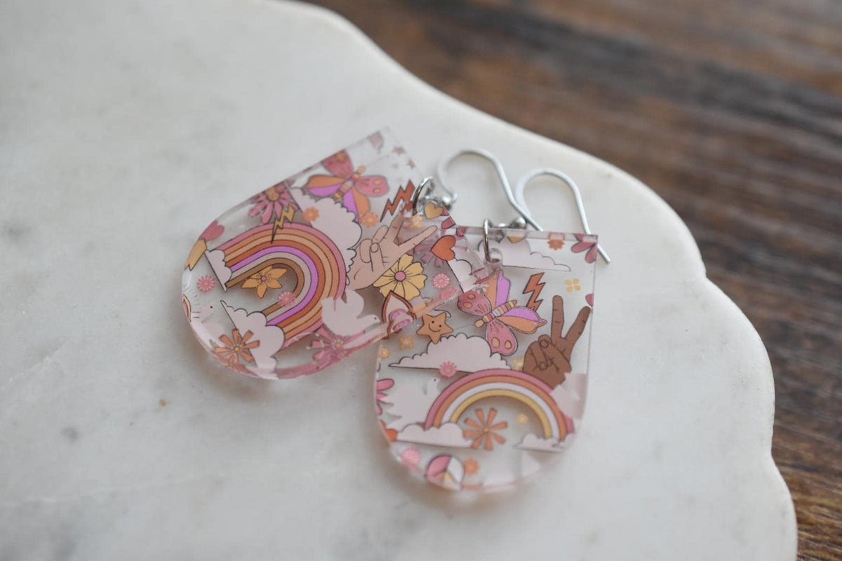 Retro 70s Peace Sign Earrings Rainbow Boho