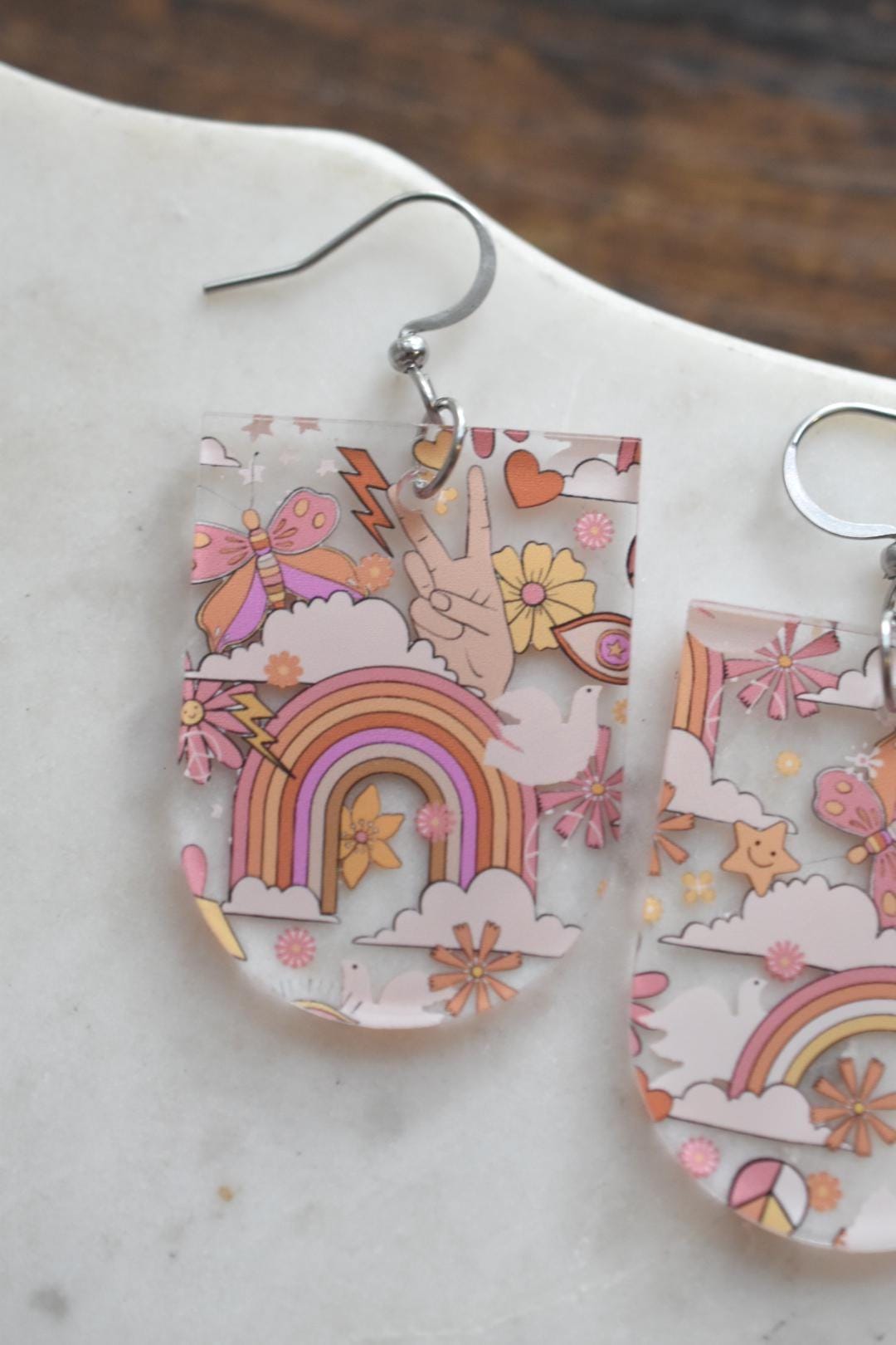 Retro 70s Peace Sign Earrings Rainbow Boho