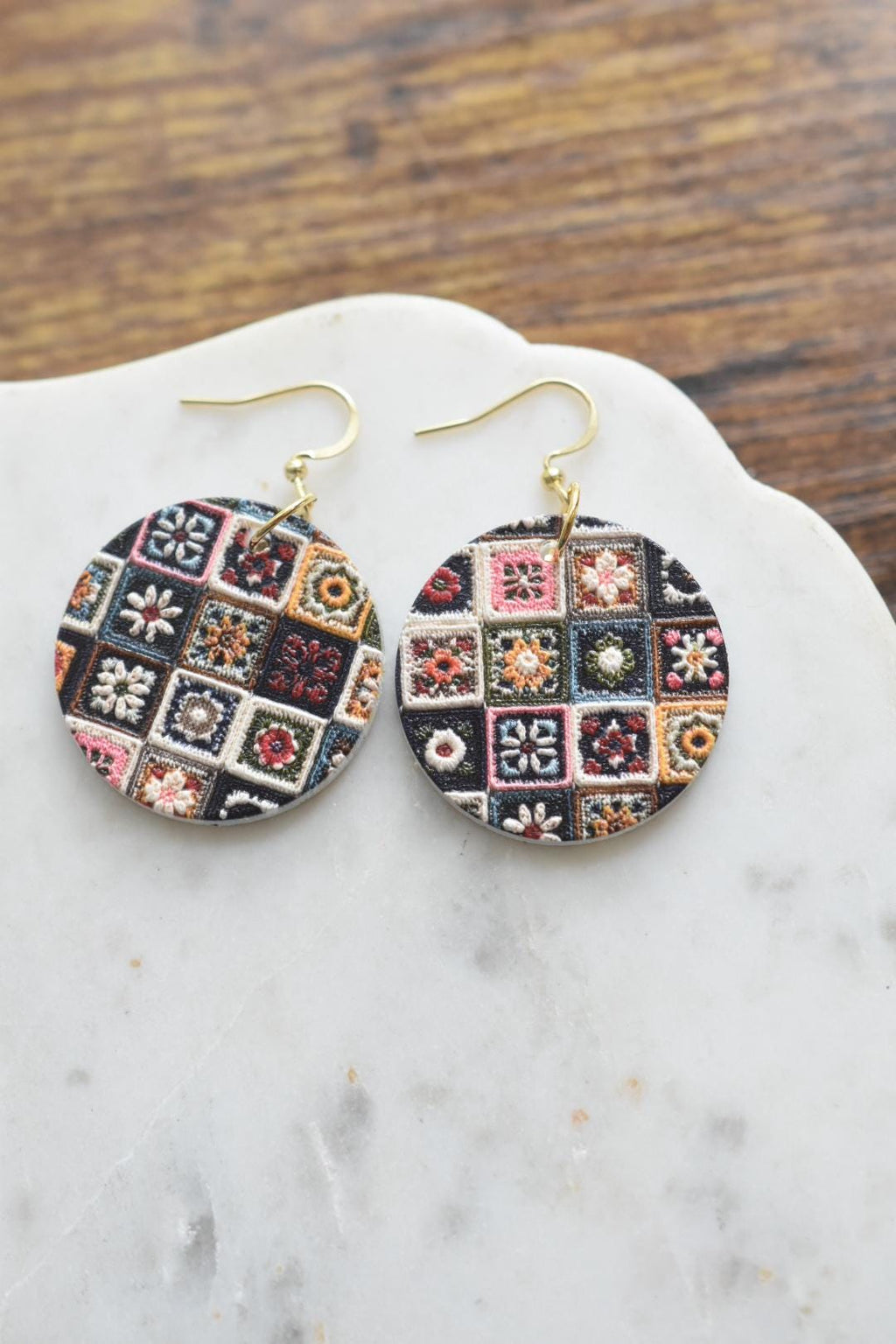 Embroidered Quilt Circle Earrings Vintage Folk