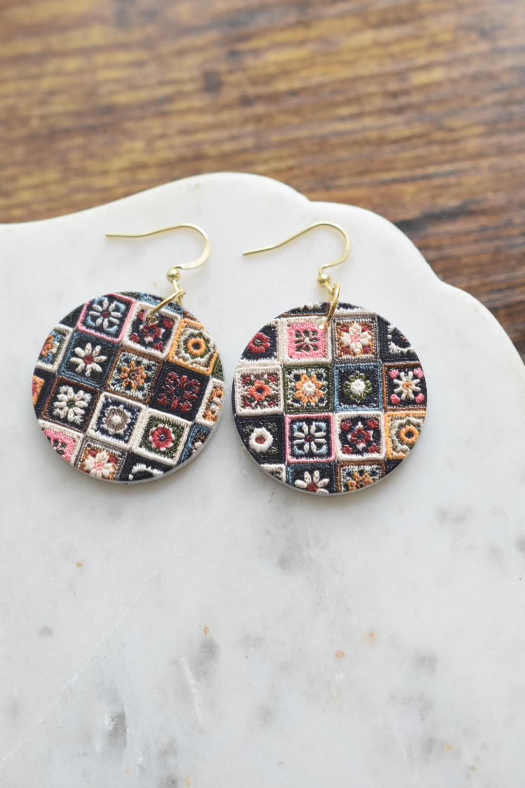Embroidered Quilt Circle Earrings Vintage Folk