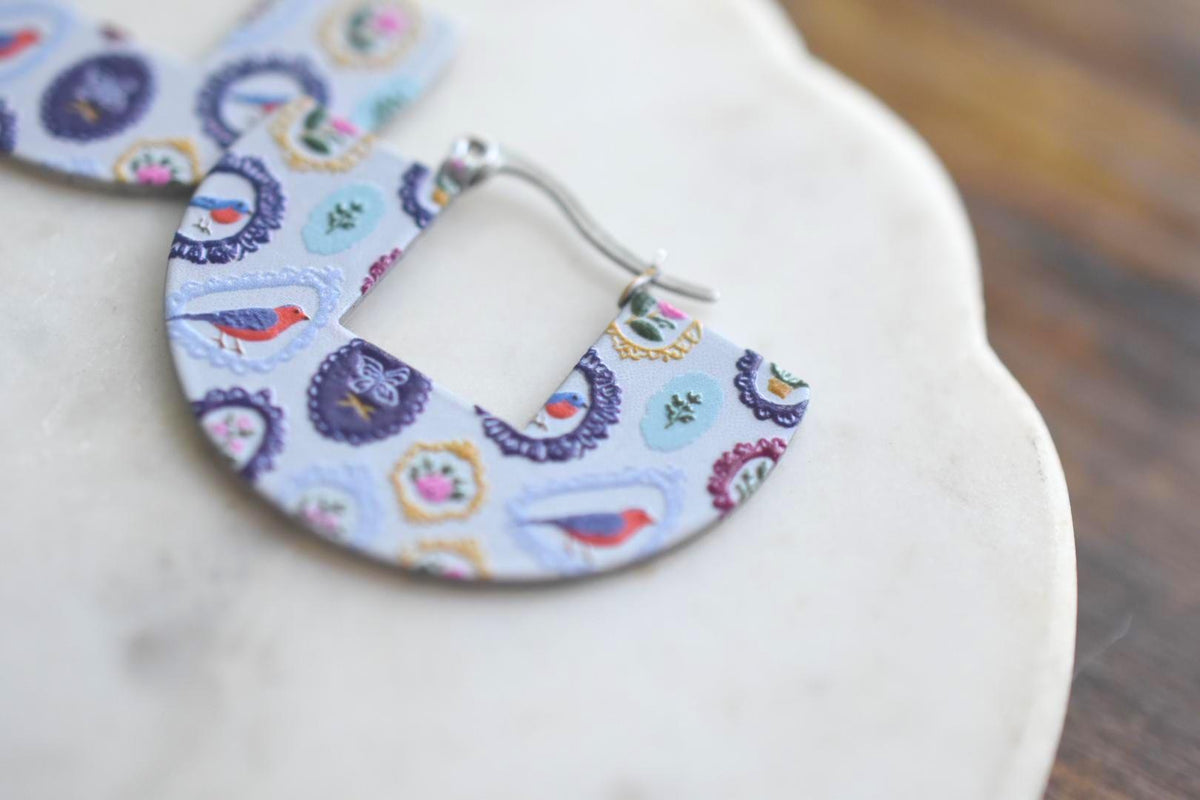Framed Bird Cottagecore Earrings Textured Vintage Hoops