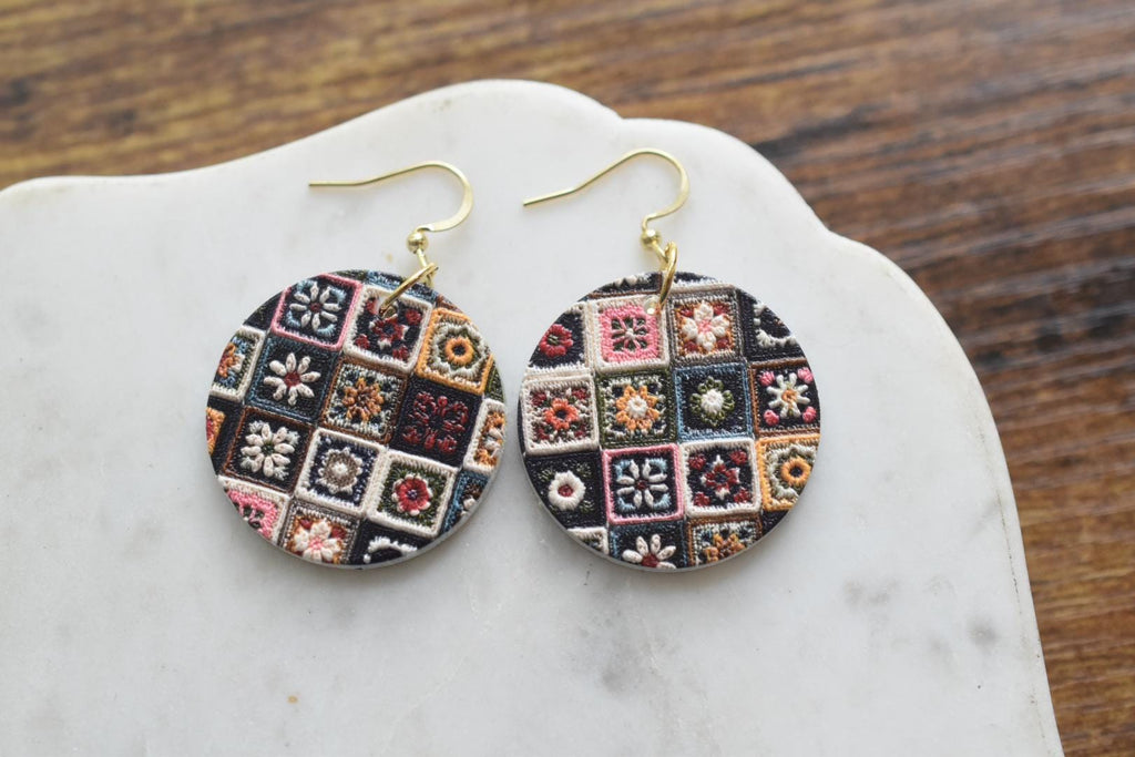 Embroidered Quilt Circle Earrings Vintage Folk
