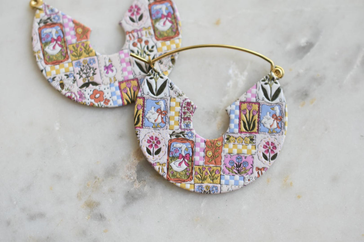 Goose Quilted Storybook Vintage Style Hoops