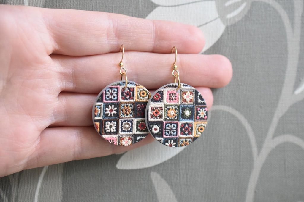 Embroidered Quilt Circle Earrings Vintage Folk