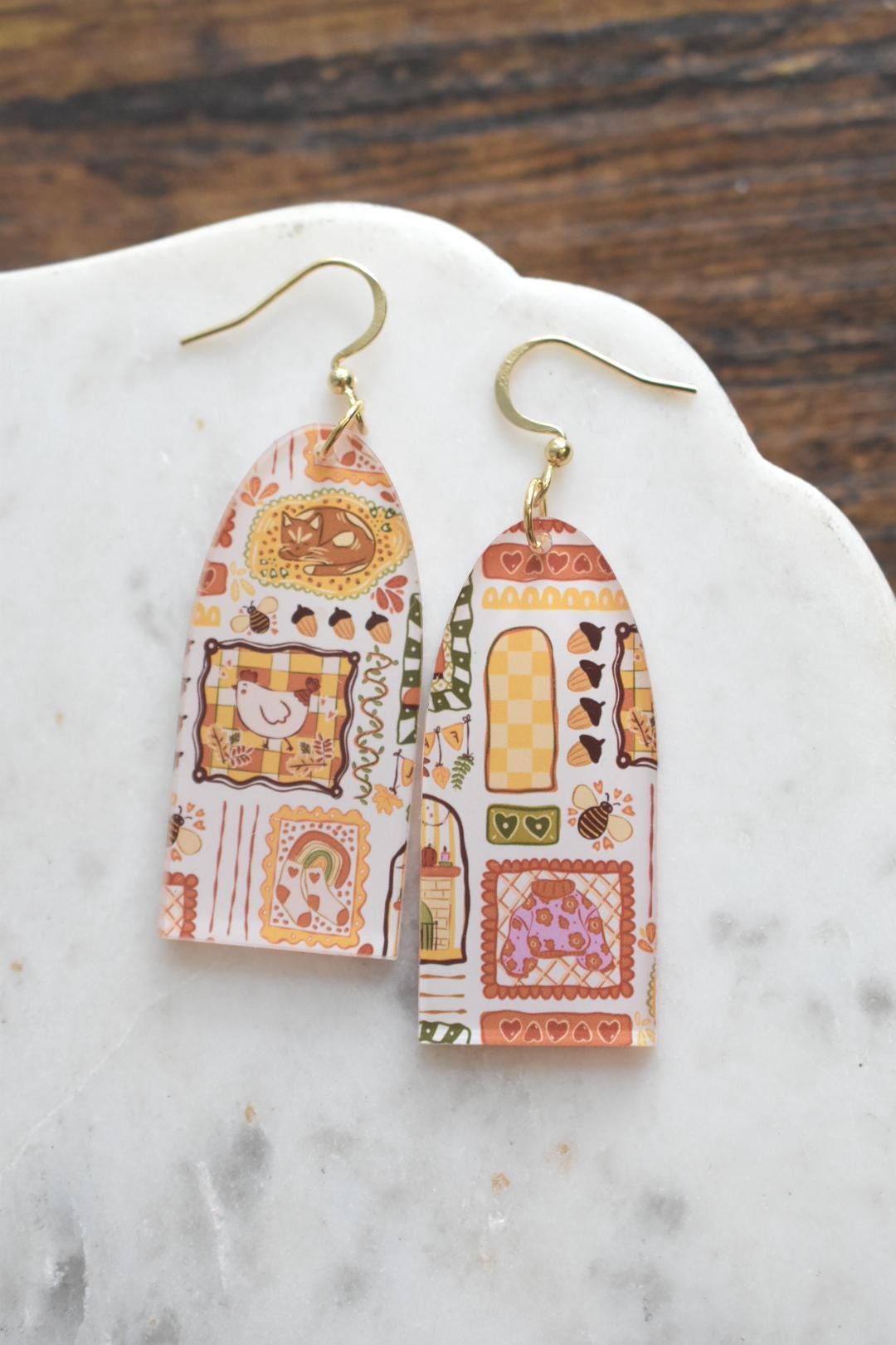 Cozy Autumn Patchwork Earrings Whimsical Cottagecore