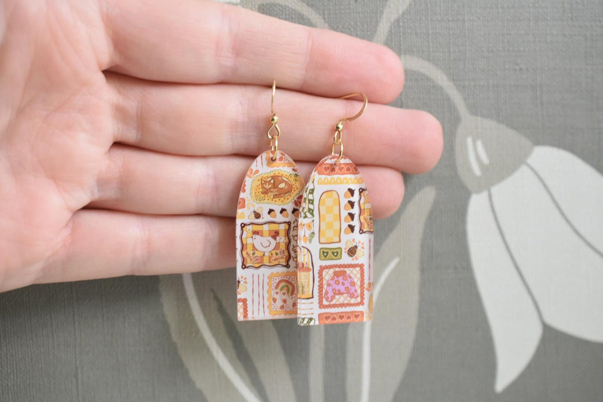 Cozy Autumn Patchwork Earrings Whimsical Cottagecore