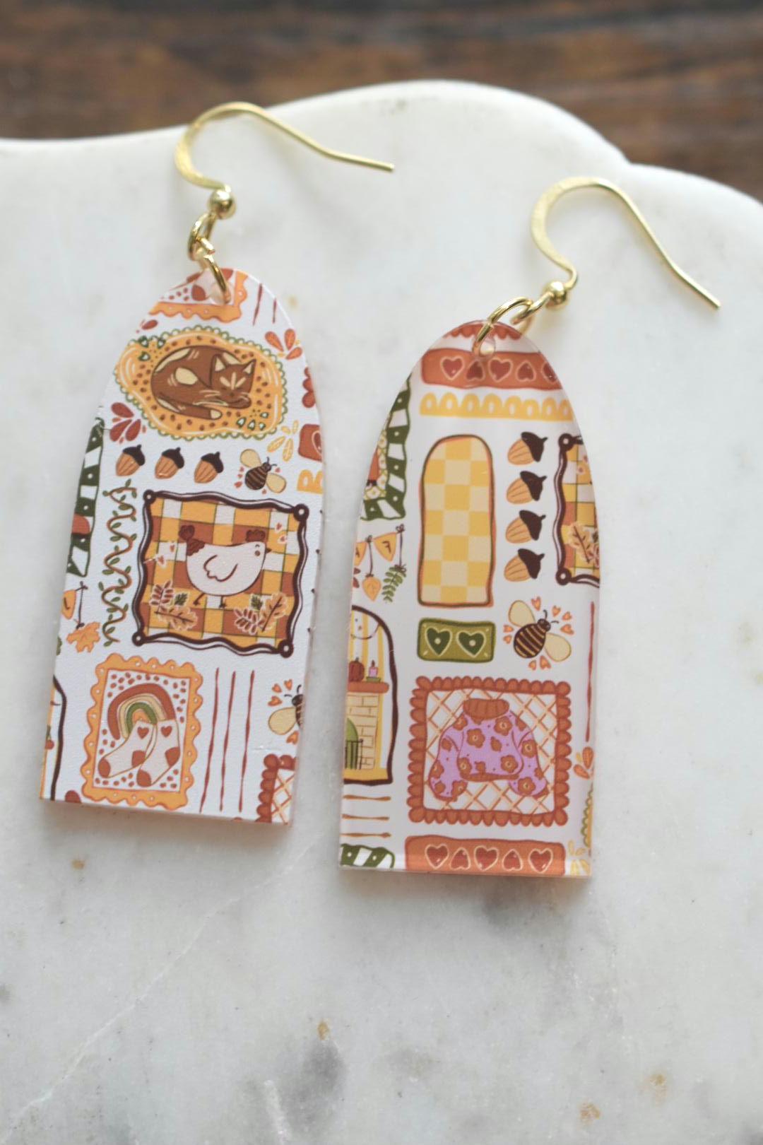 Cozy Autumn Patchwork Earrings Whimsical Cottagecore
