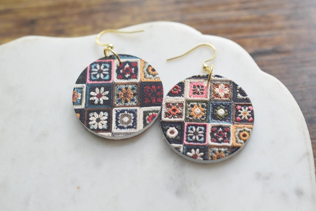 Embroidered Quilt Circle Earrings Vintage Folk