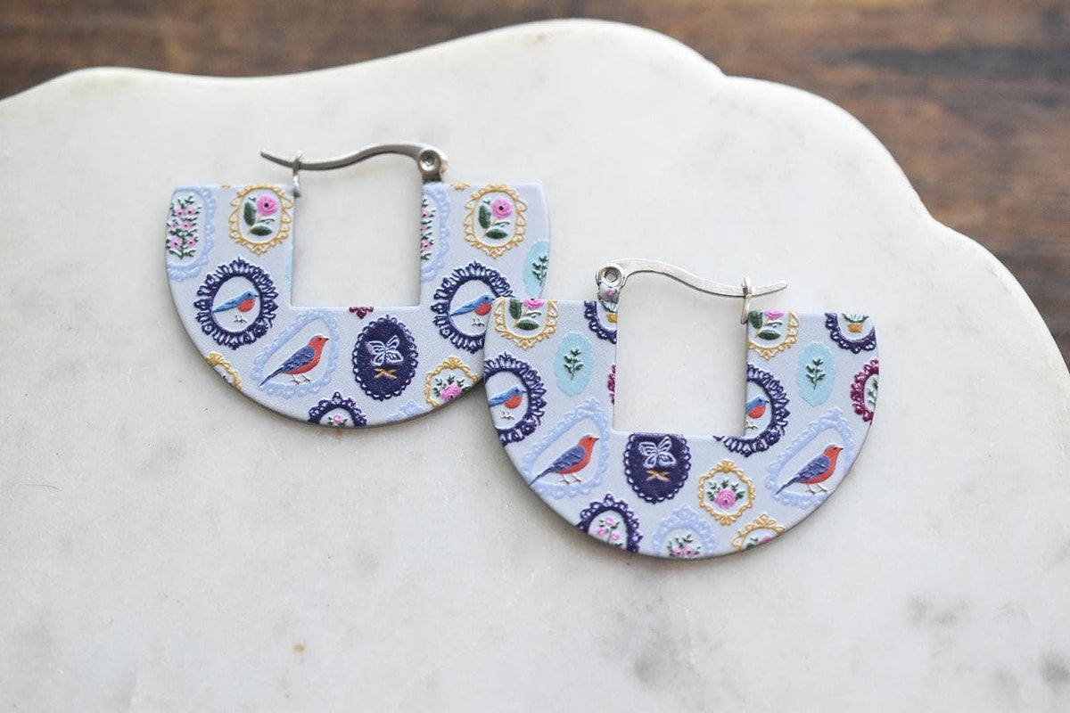 Framed Bird Cottagecore Earrings Textured Vintage Hoops