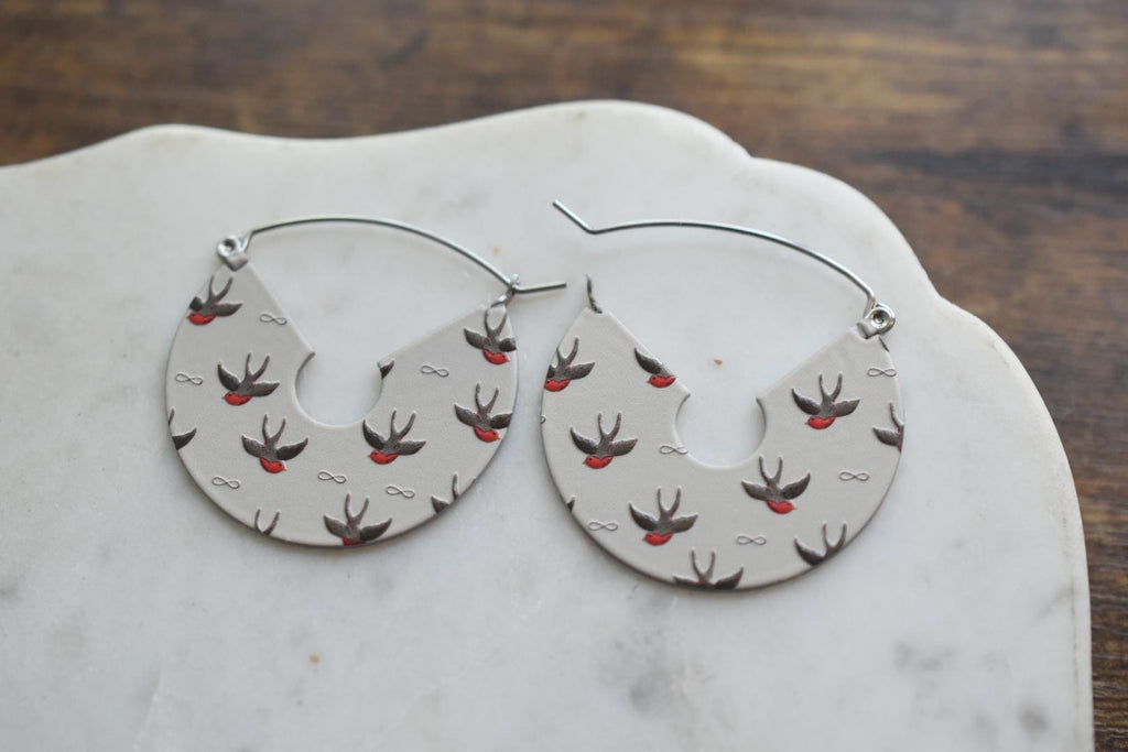 Swallow Bird Hoop Earrings Textured