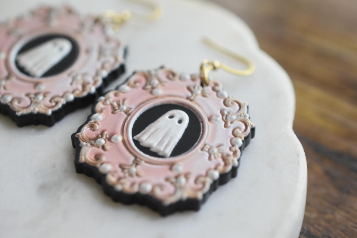 Vintage Framed Ghost Halloween Earrings