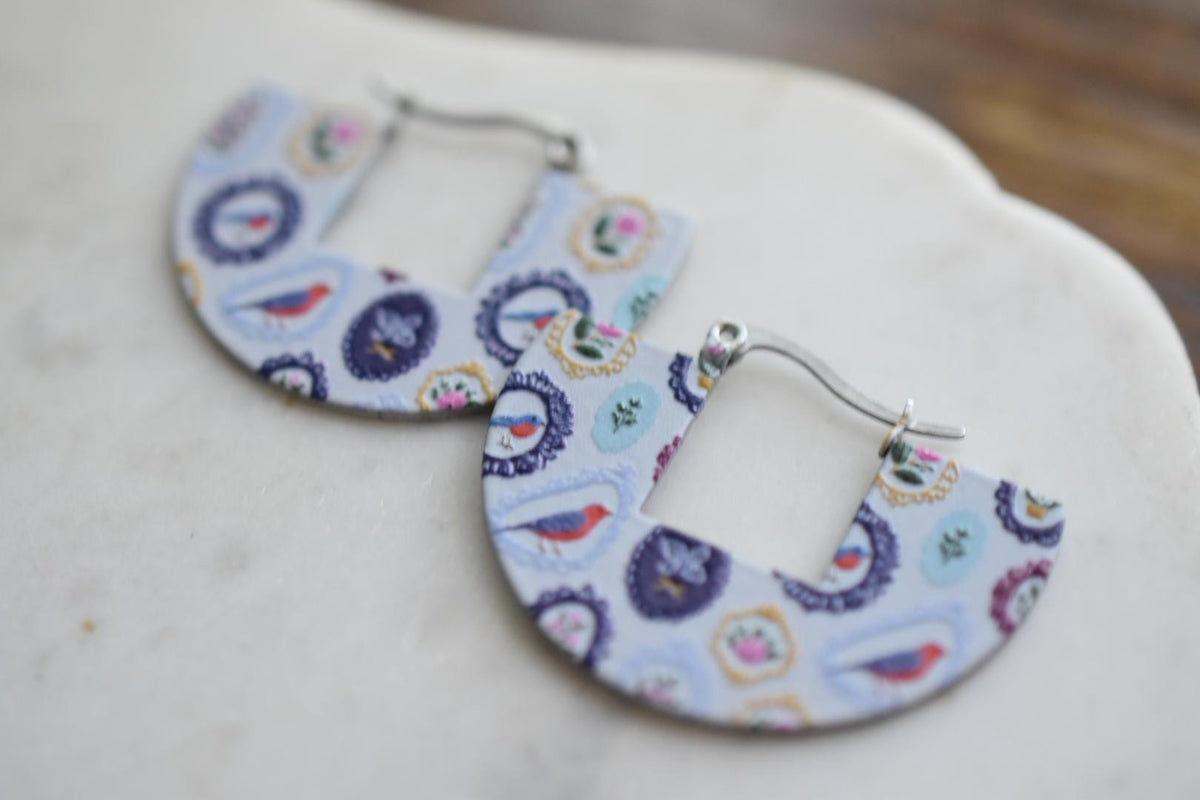 Framed Bird Cottagecore Earrings Textured Vintage Hoops