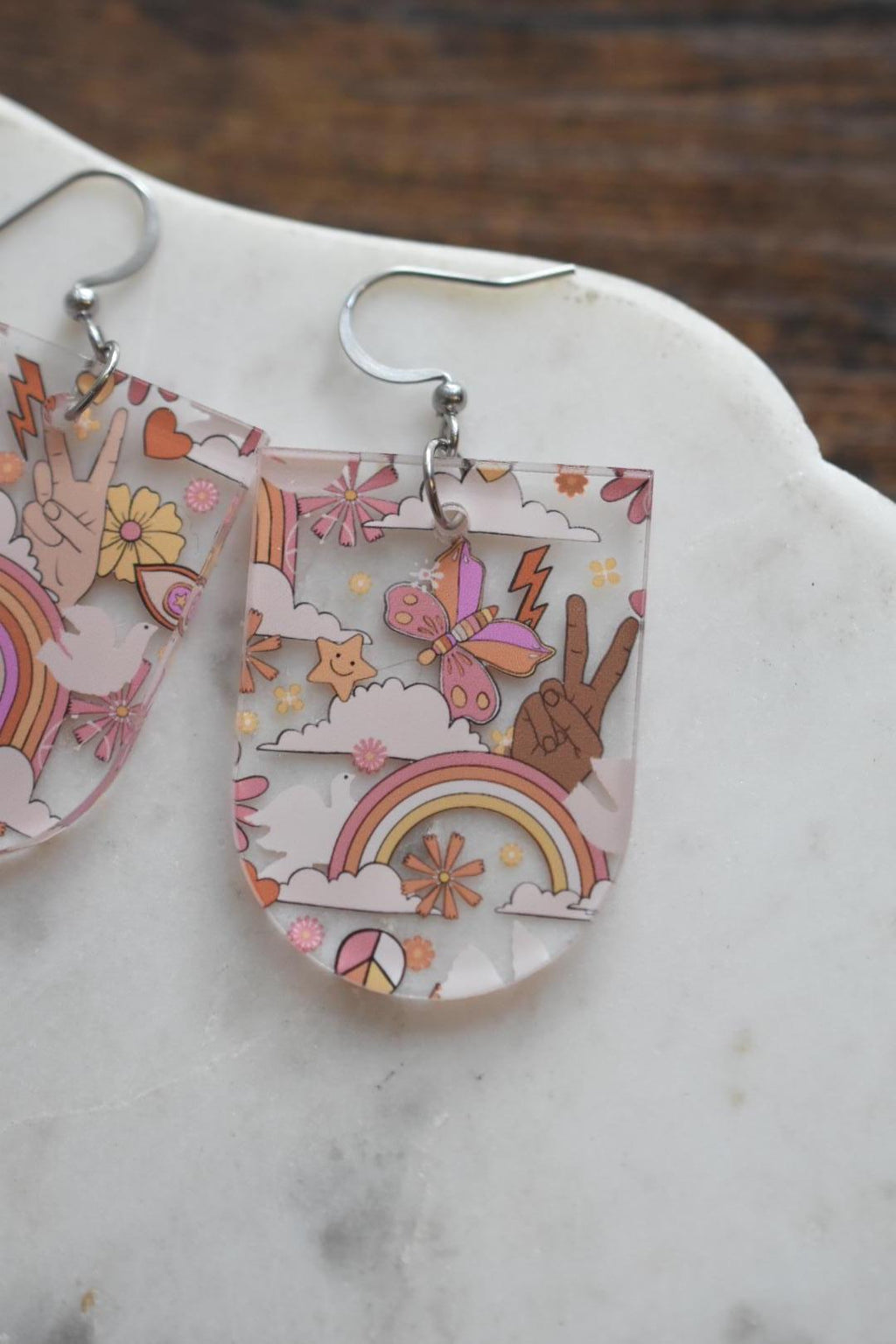 Retro 70s Peace Sign Earrings Rainbow Boho