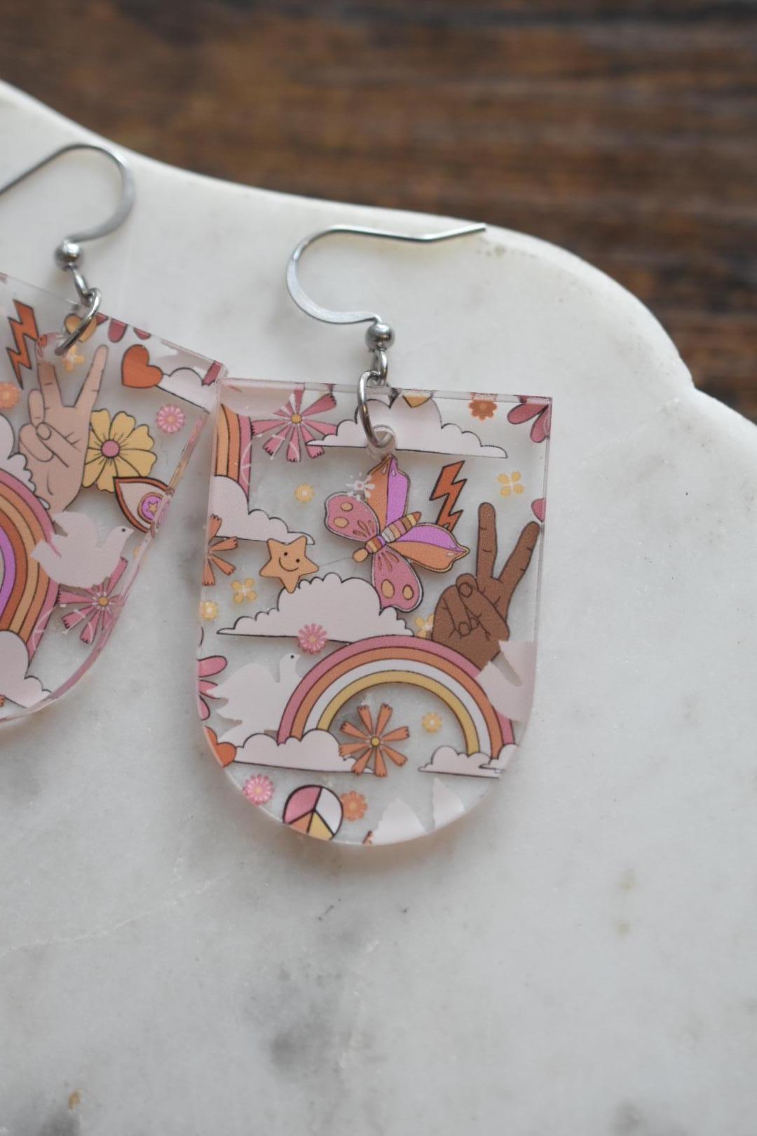Retro 70s Peace Sign Earrings Rainbow Boho