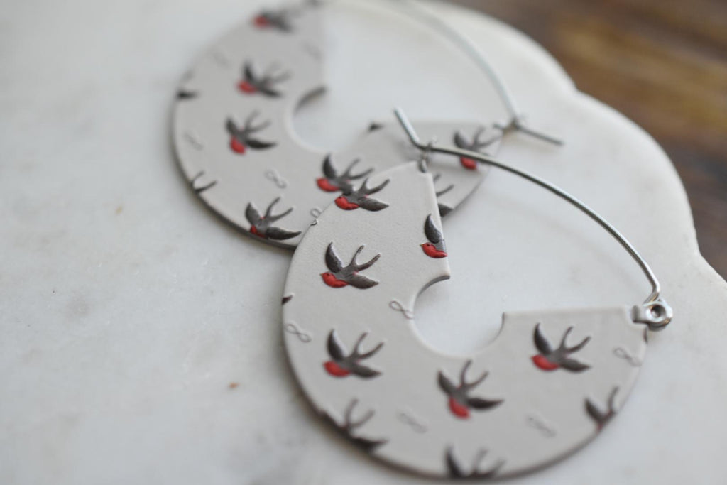 Swallow Bird Hoop Earrings Textured