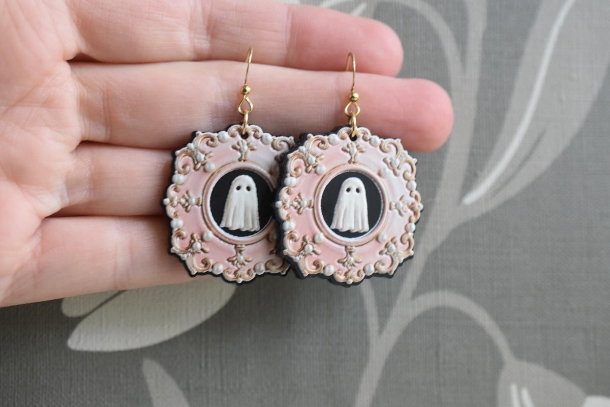 Vintage Framed Ghost Halloween Earrings