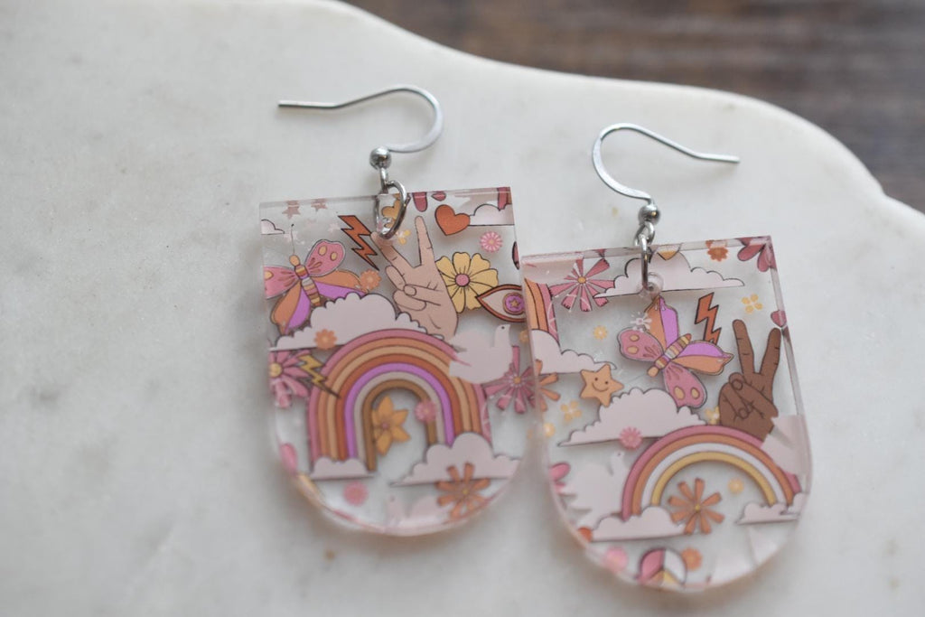Retro 70s Peace Sign Earrings Rainbow Boho
