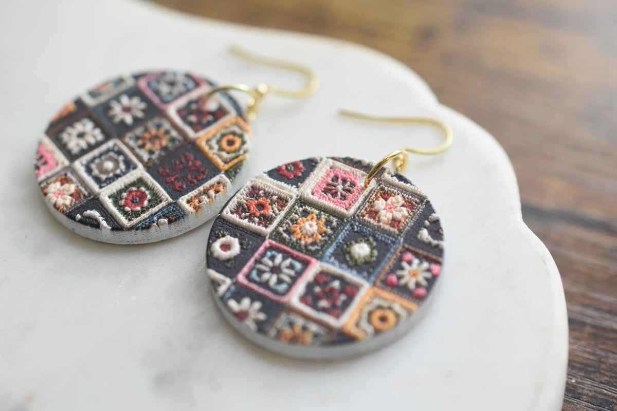 Embroidered Quilt Circle Earrings Vintage Folk