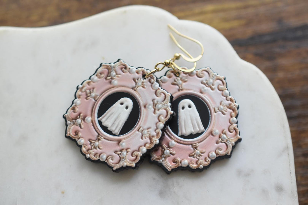 Vintage Framed Ghost Halloween Earrings