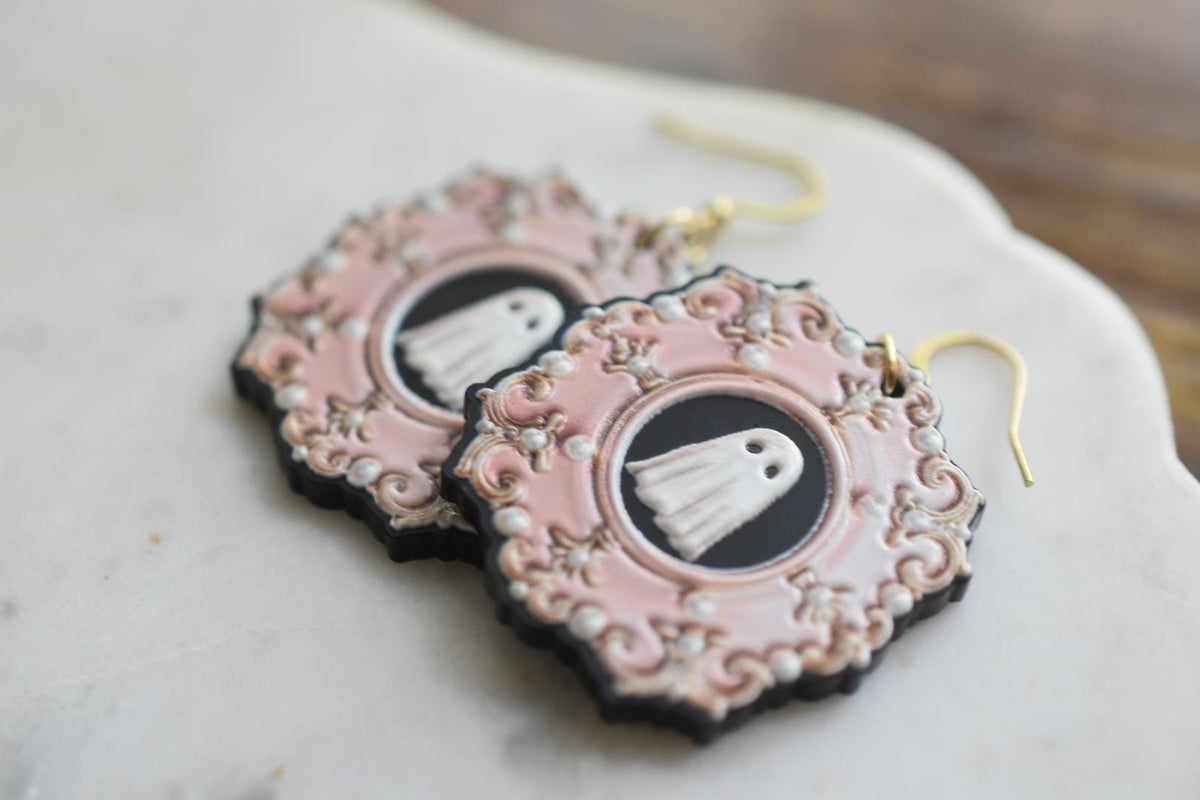 Vintage Framed Ghost Halloween Earrings