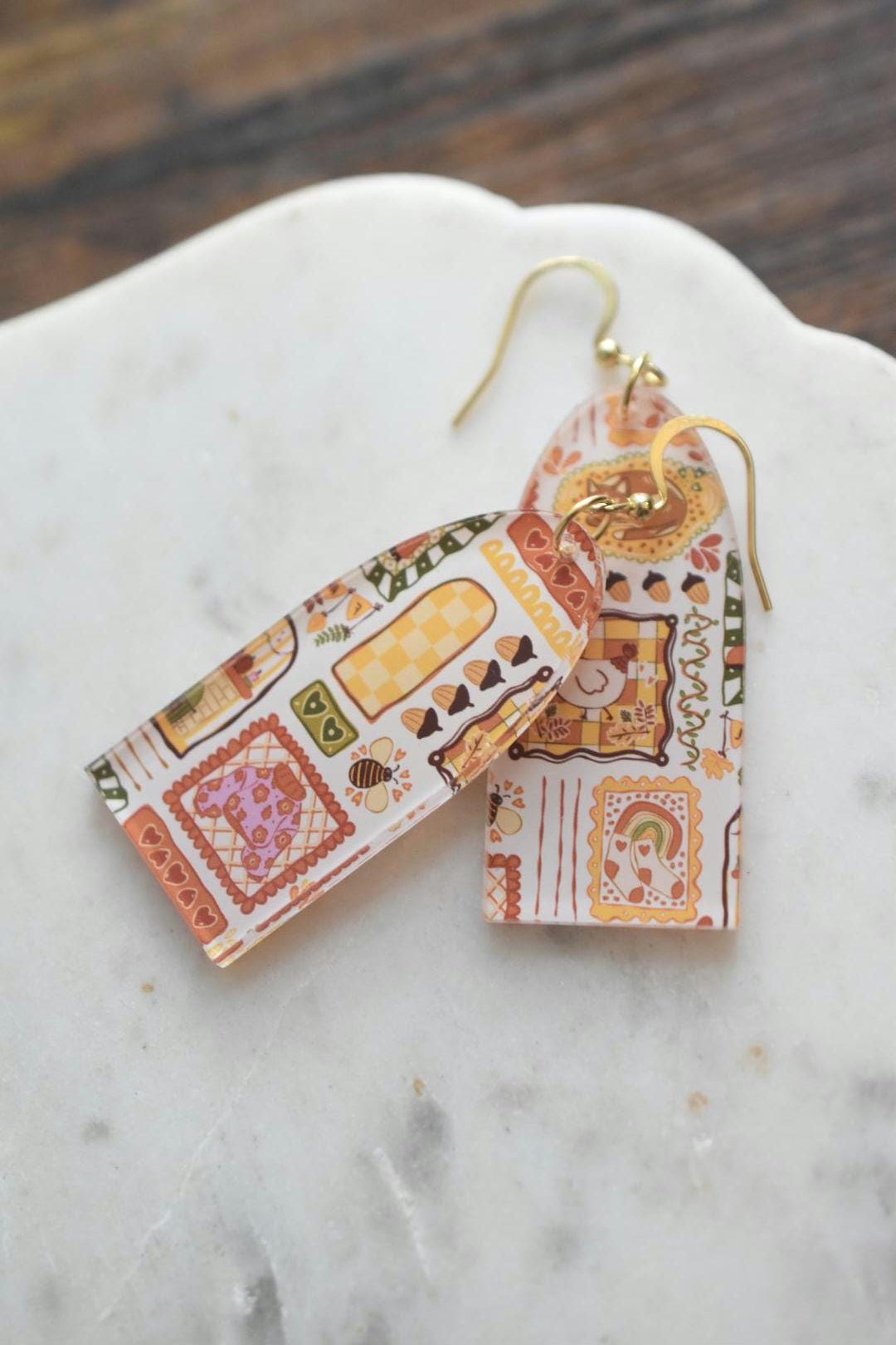 Cozy Autumn Patchwork Earrings Whimsical Cottagecore