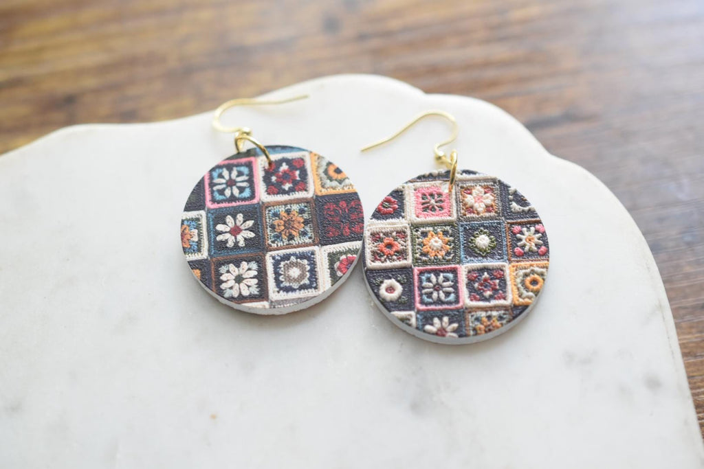 Embroidered Quilt Circle Earrings Vintage Folk