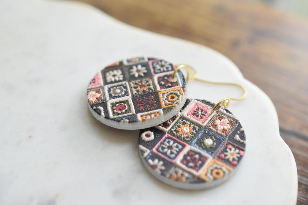 Embroidered Quilt Circle Earrings Vintage Folk