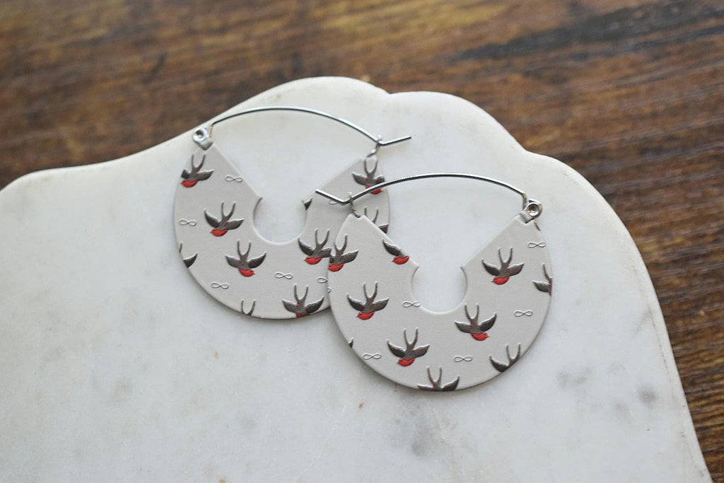 Swallow Bird Hoop Earrings Textured