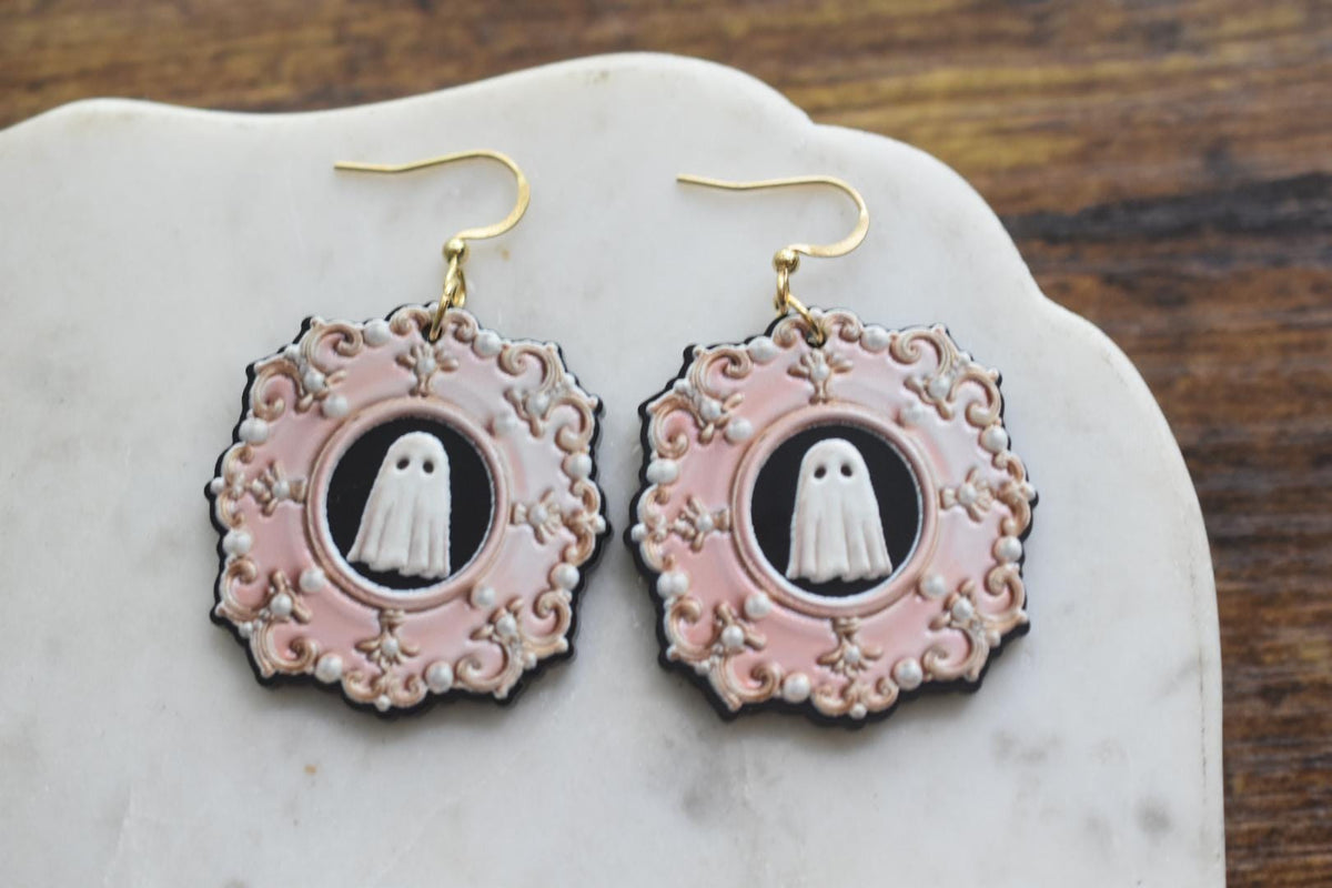 Vintage Framed Ghost Halloween Earrings