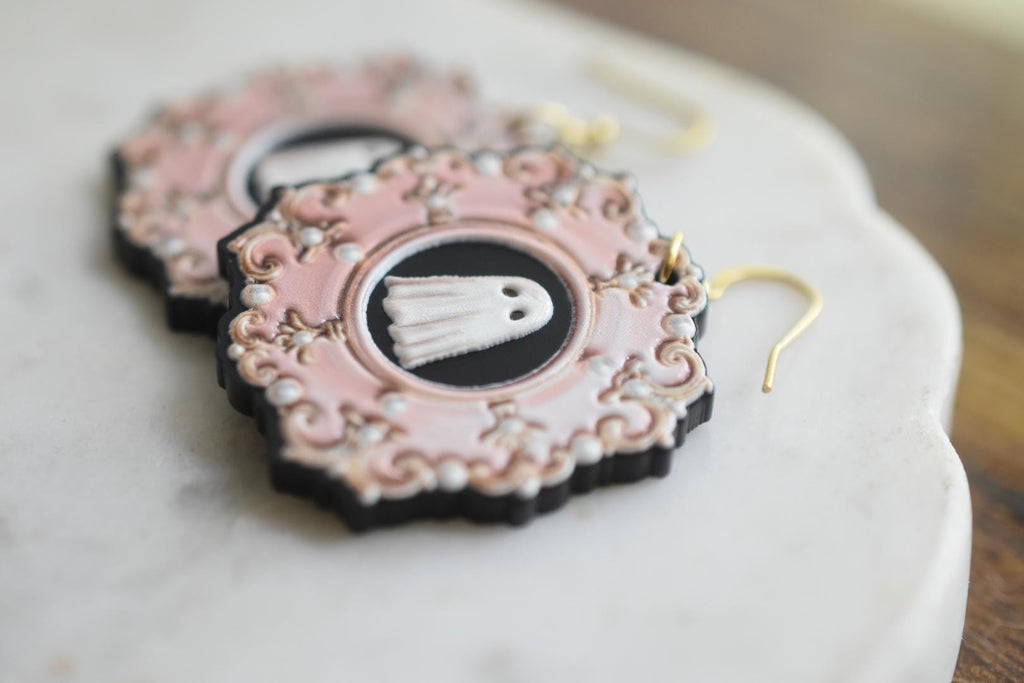 Vintage Framed Ghost Halloween Earrings